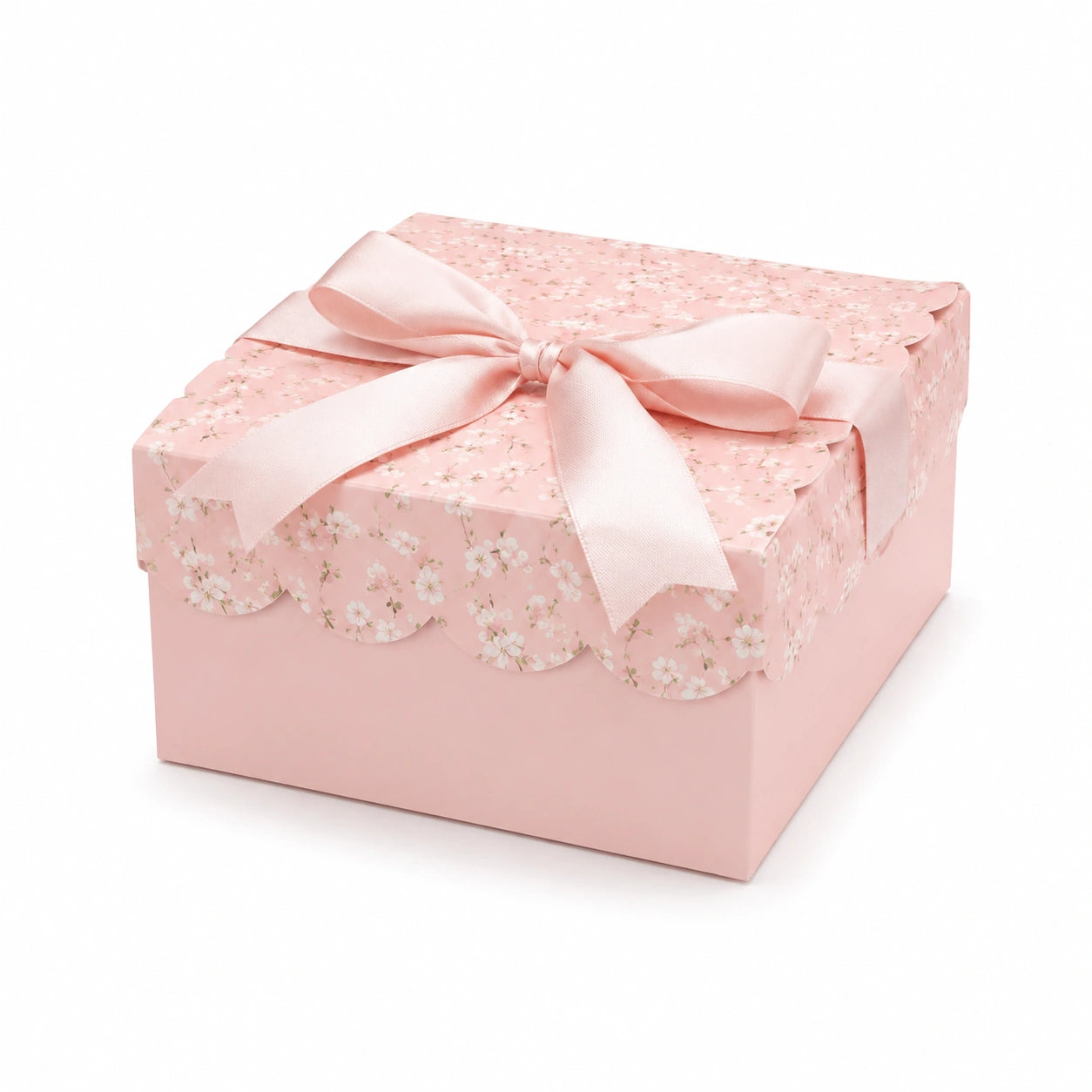Boîte cadeau carrée 20 cm en carton rose à motif floral avec ruban décoratif