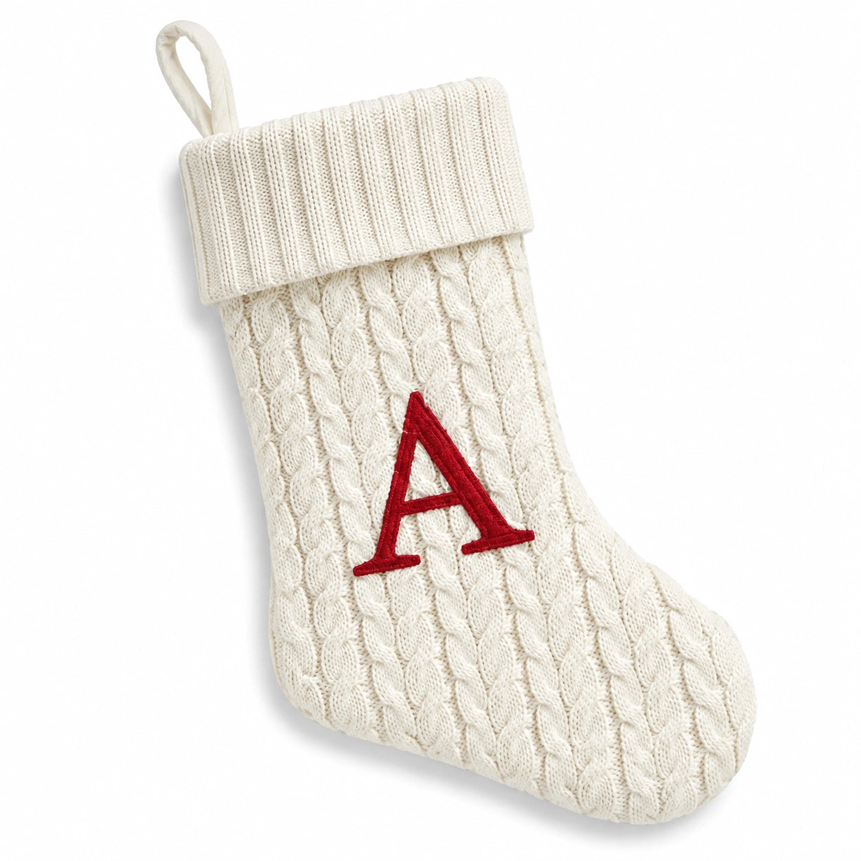 Chaussette décorative taille unique en textile tricoté écru rouge à lettre brodée avec boucle de suspension
