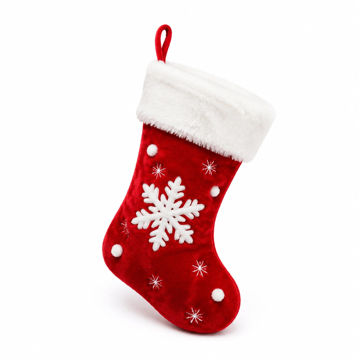Chaussette de Noël 45 cm en textile rouge et blanc à suspendre motif flocon