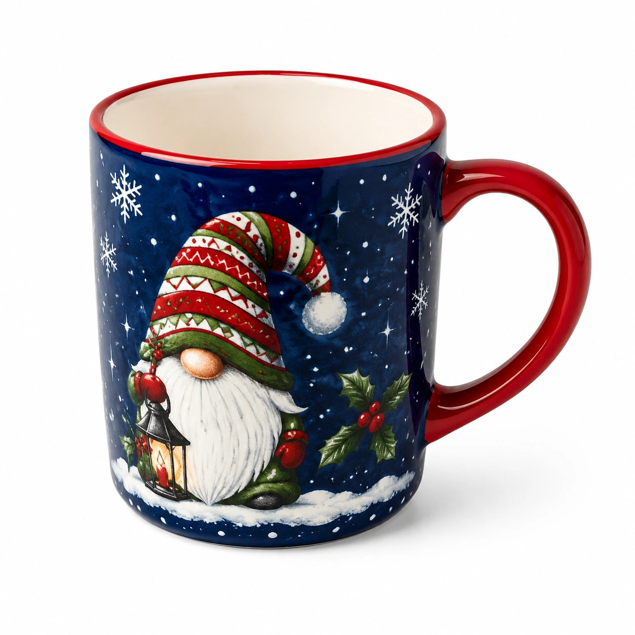 Mug en céramique 0.40 L bleu rouge à motifs hivernaux avec anse