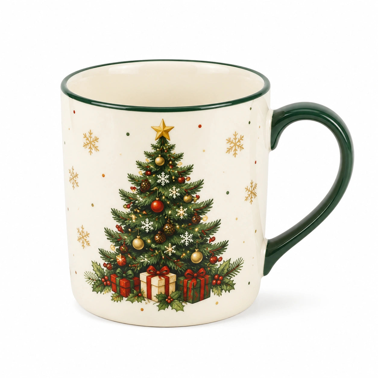 Mug en céramique 350 ml beige et vert motif sapin de Noël avec anse