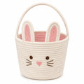 Panier de rangement rond 30 x 30 cm en corde de coton écru rose motif lapin avec anse