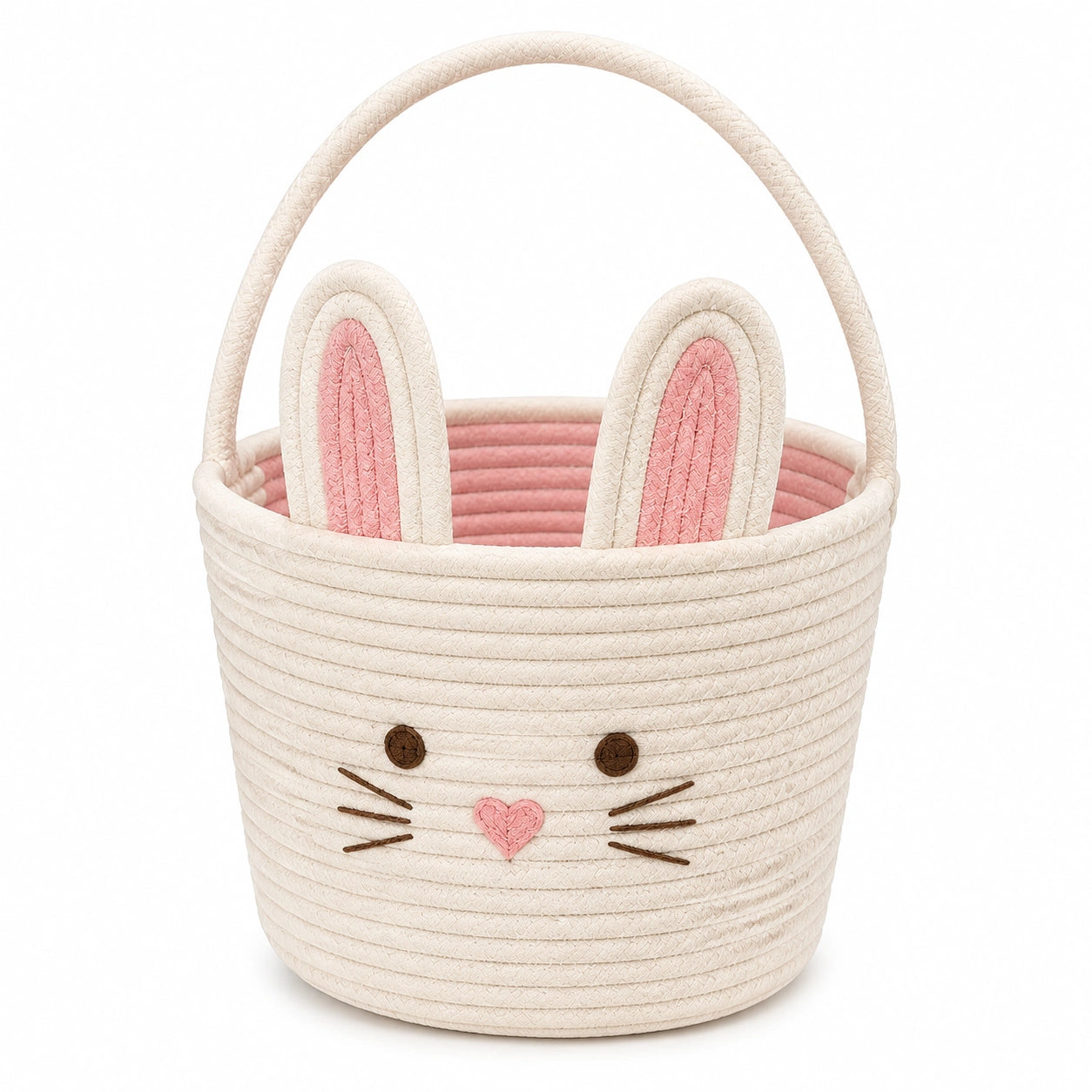 Panier de rangement rond 30 x 30 cm en corde de coton écru rose motif lapin avec anse