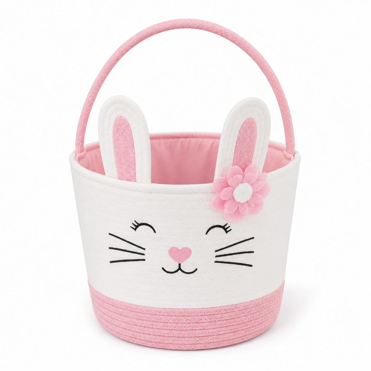 Panier de rangement rond 25 cm en coton blanc et rose style lapin avec poignée