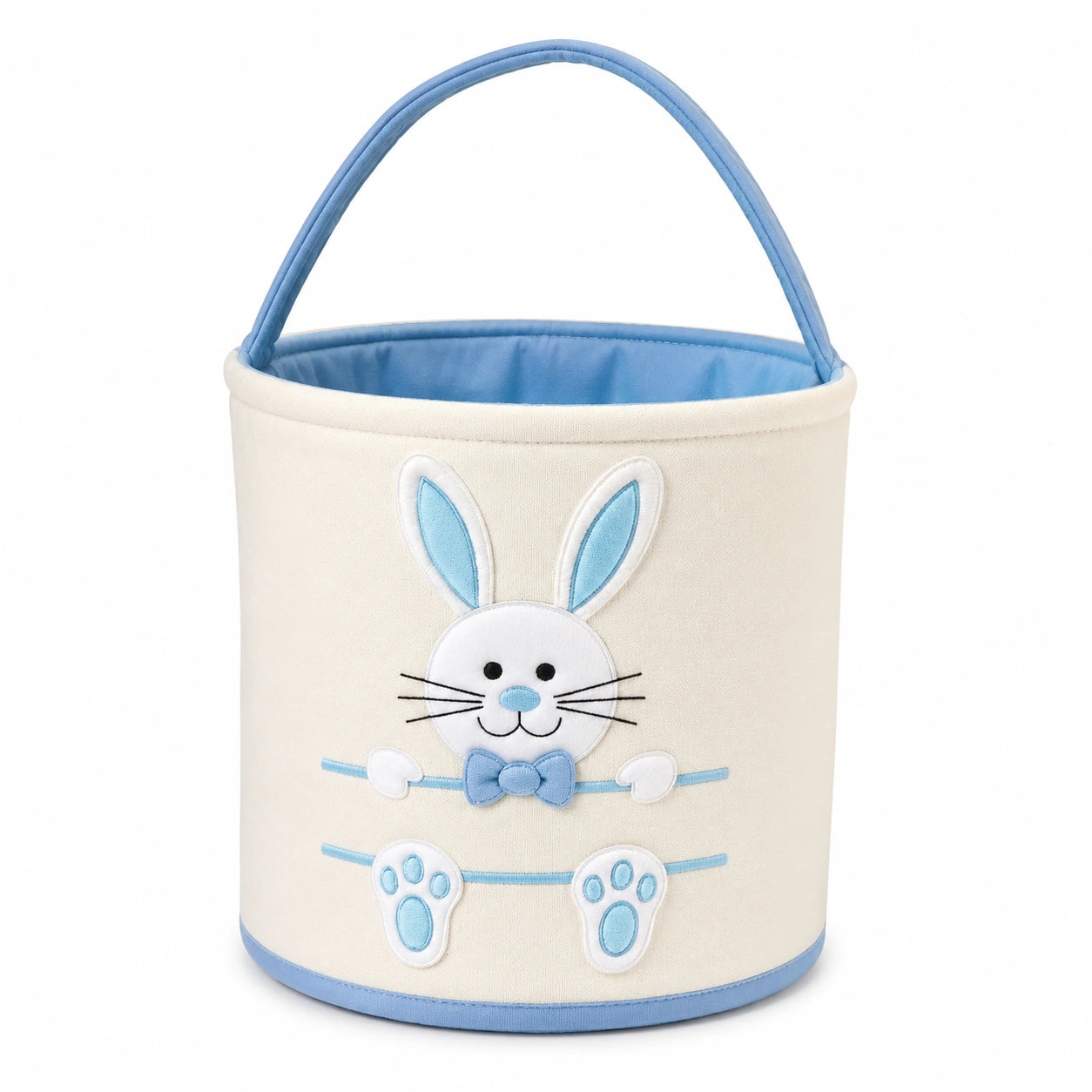 Panier de rangement rond 25 x 28 cm en tissu blanc et bleu avec poignée motif lapin