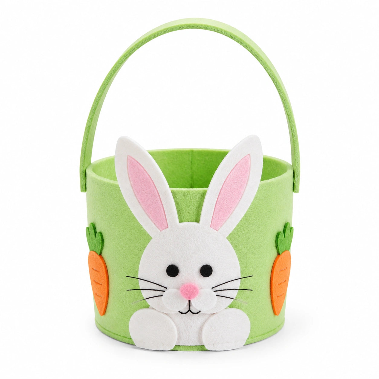 Panier de rangement en feutre vert diamètre 20 cm avec anse motif lapin