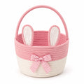 Panier de rangement rond diamètre 25 cm hauteur 20 cm en coton rose et blanc style lapin avec anse