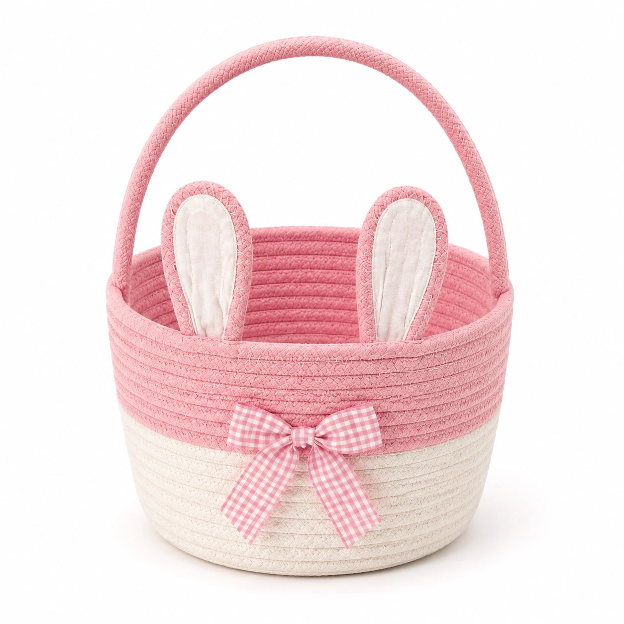 Panier de rangement rond diamètre 25 cm hauteur 20 cm en coton rose et blanc style lapin avec anse