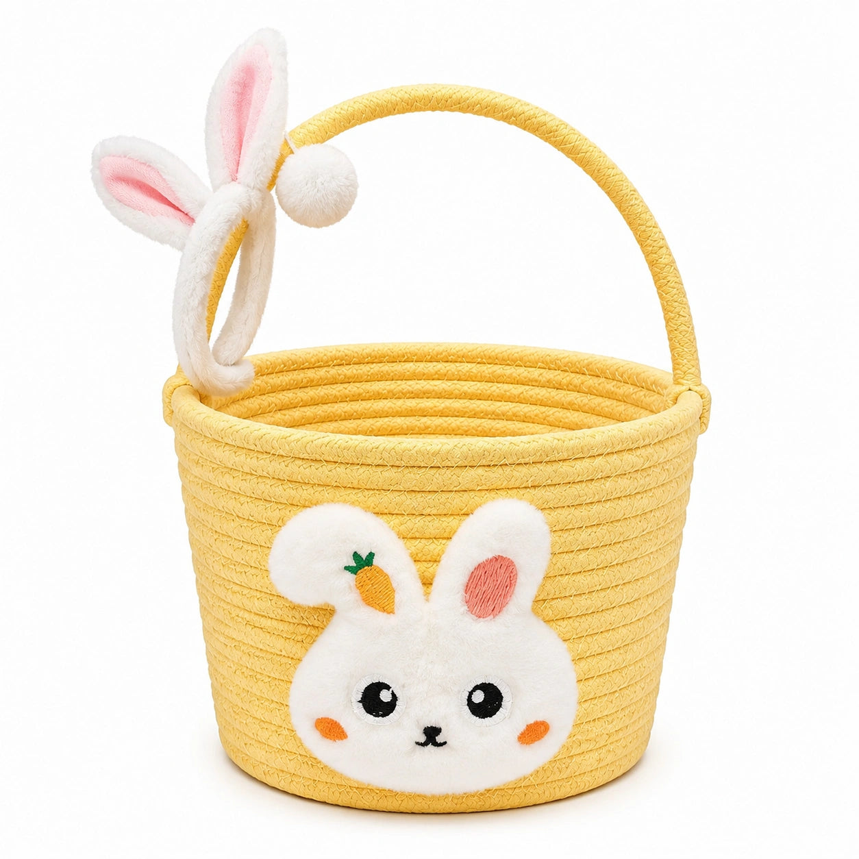 Panier de rangement rond 20 x 18 cm en corde de coton jaune motif lapin avec anse