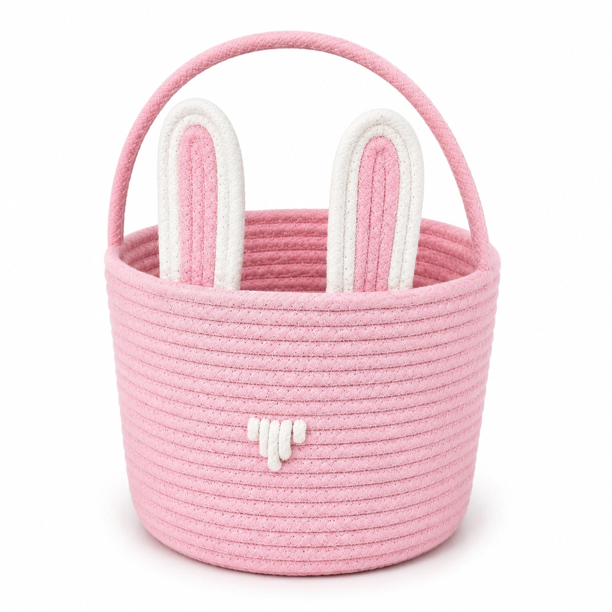 Panier de rangement rond 25 x 20 cm en coton rose et blanc avec anses style lapin