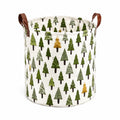 Panier de rangement rond 35 cm en tissu blanc motif sapins avec poignées marron