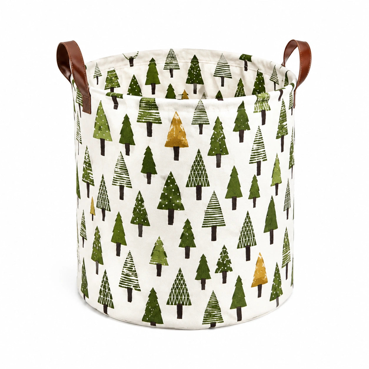 Panier de rangement rond 35 cm en tissu blanc motif sapins avec poignées marron