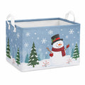 Panier de rangement 40 x 30 x 30 cm en tissu bleu motif bonhomme de neige avec poignées
