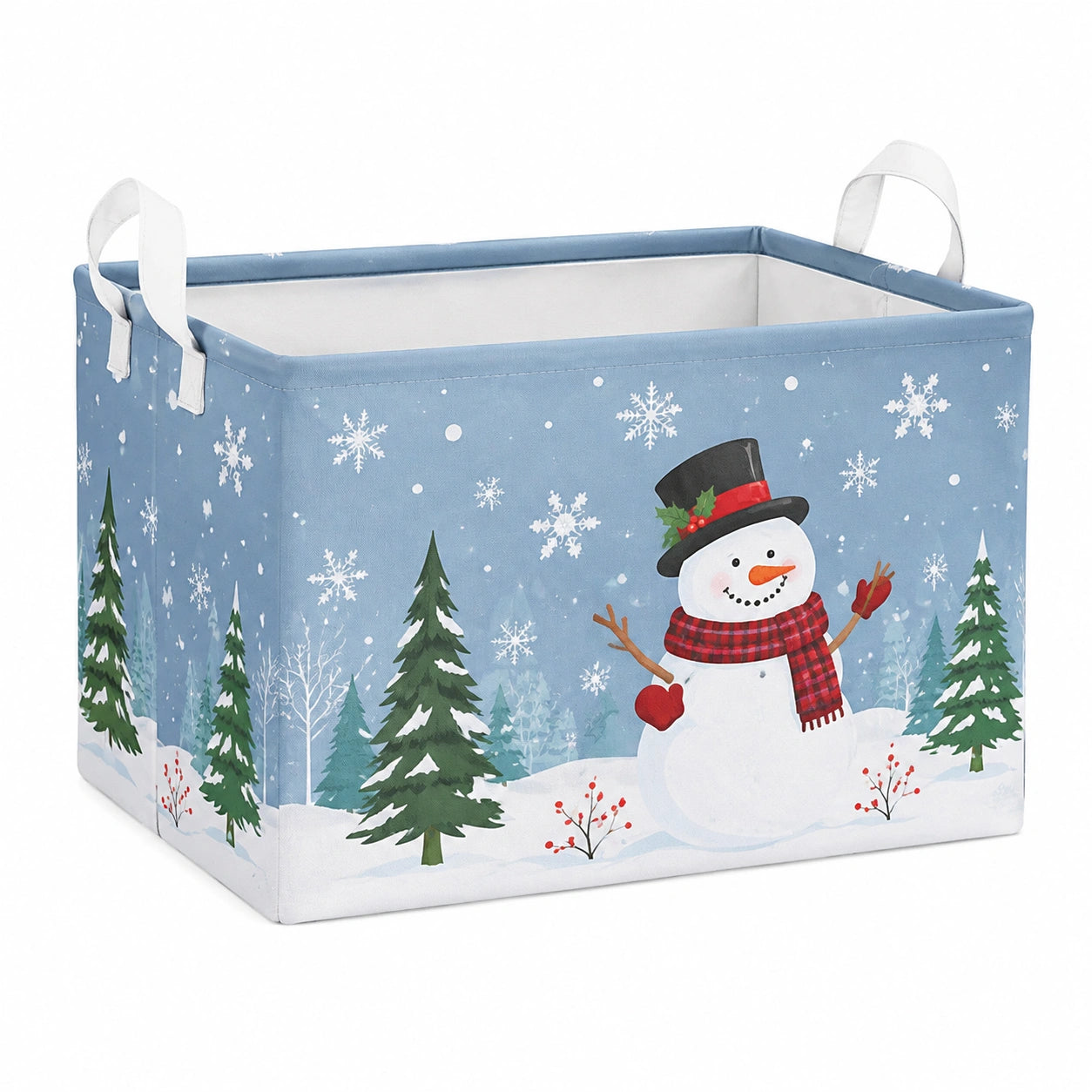 Panier de rangement 40 x 30 x 30 cm en tissu bleu motif bonhomme de neige avec poignées