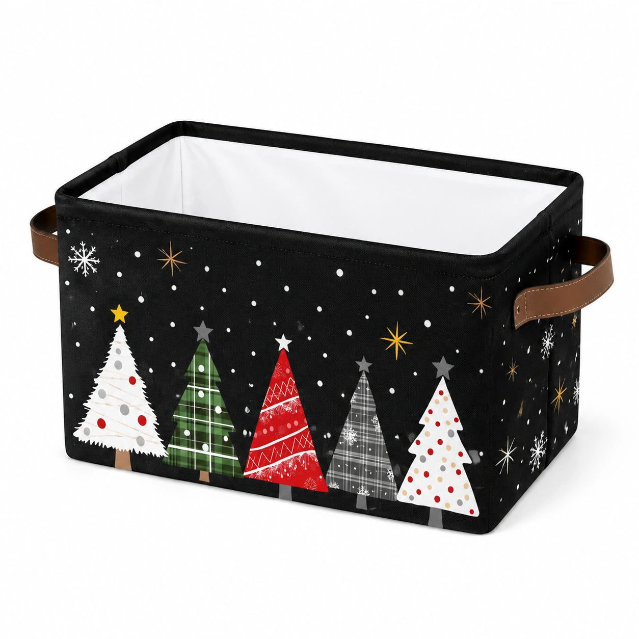 Panier de rangement 38 x 28 x 25 cm en tissu noir à poignées motif sapins pliable