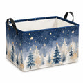 Panier de rangement 40 x 30 x 30 cm en tissu bleu et blanc motif forêt hivernale avec poignées
