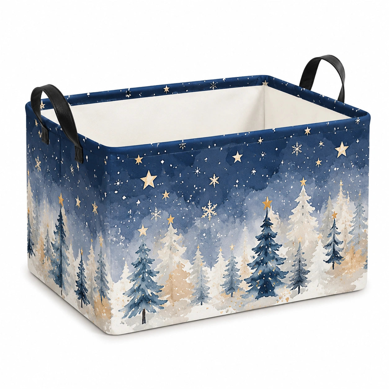 Panier de rangement 40 x 30 x 30 cm en tissu bleu et blanc motif forêt hivernale avec poignées