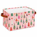 Panier de rangement 30 x 20 x 20 cm en tissu rose à motifs sapins avec poignées