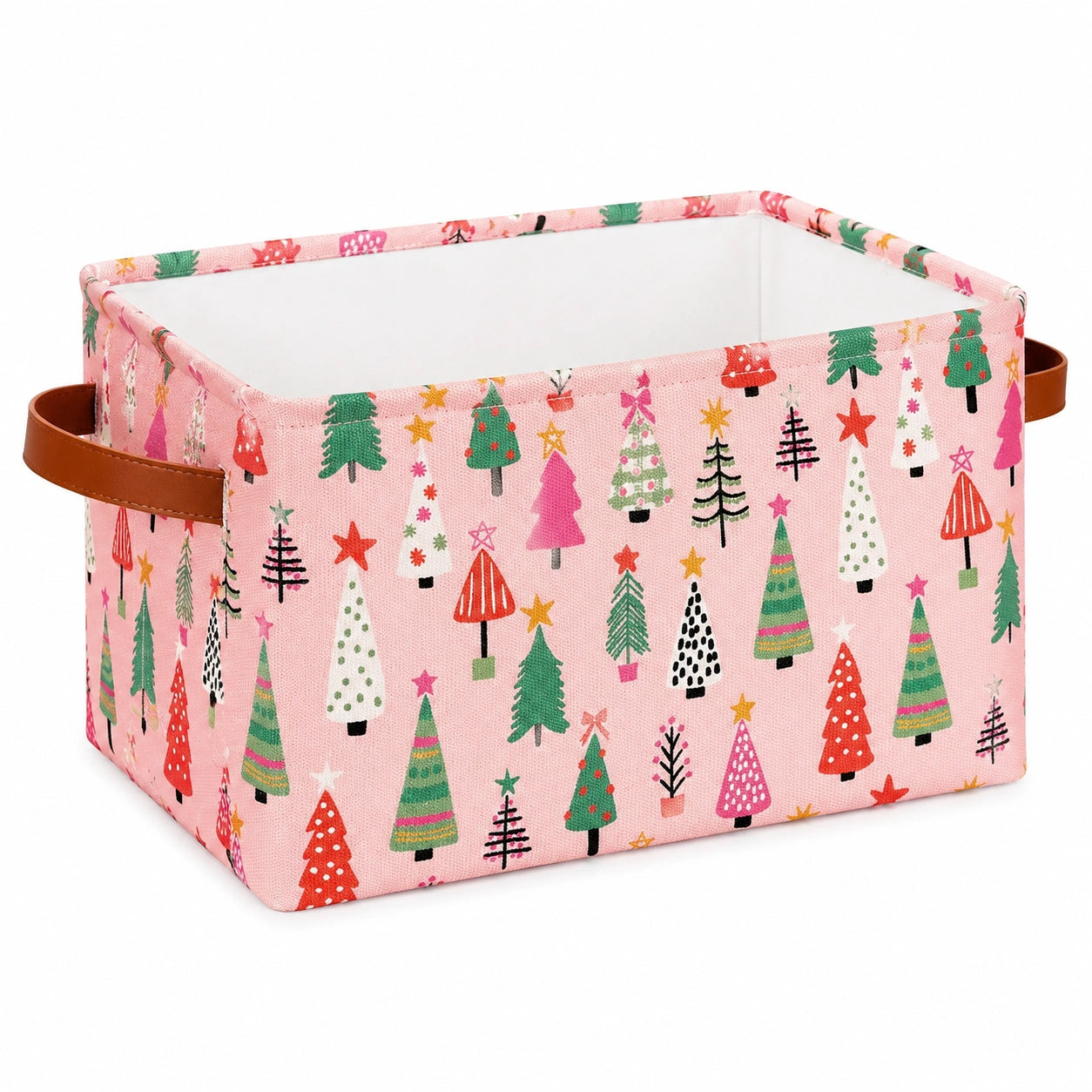 Panier de rangement 30 x 20 x 20 cm en tissu rose à motifs sapins avec poignées
