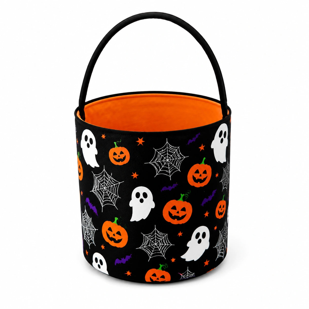 Panier à friandises Halloween diamètre 25 cm hauteur 25 cm en polyester noir orange avec anse souple