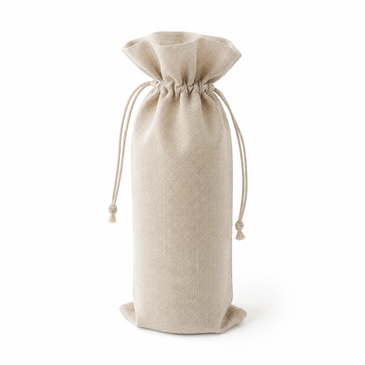 Pochette à bouteille 15 x 15 x 35 cm en tissu tissé beige à cordon de serrage style naturel