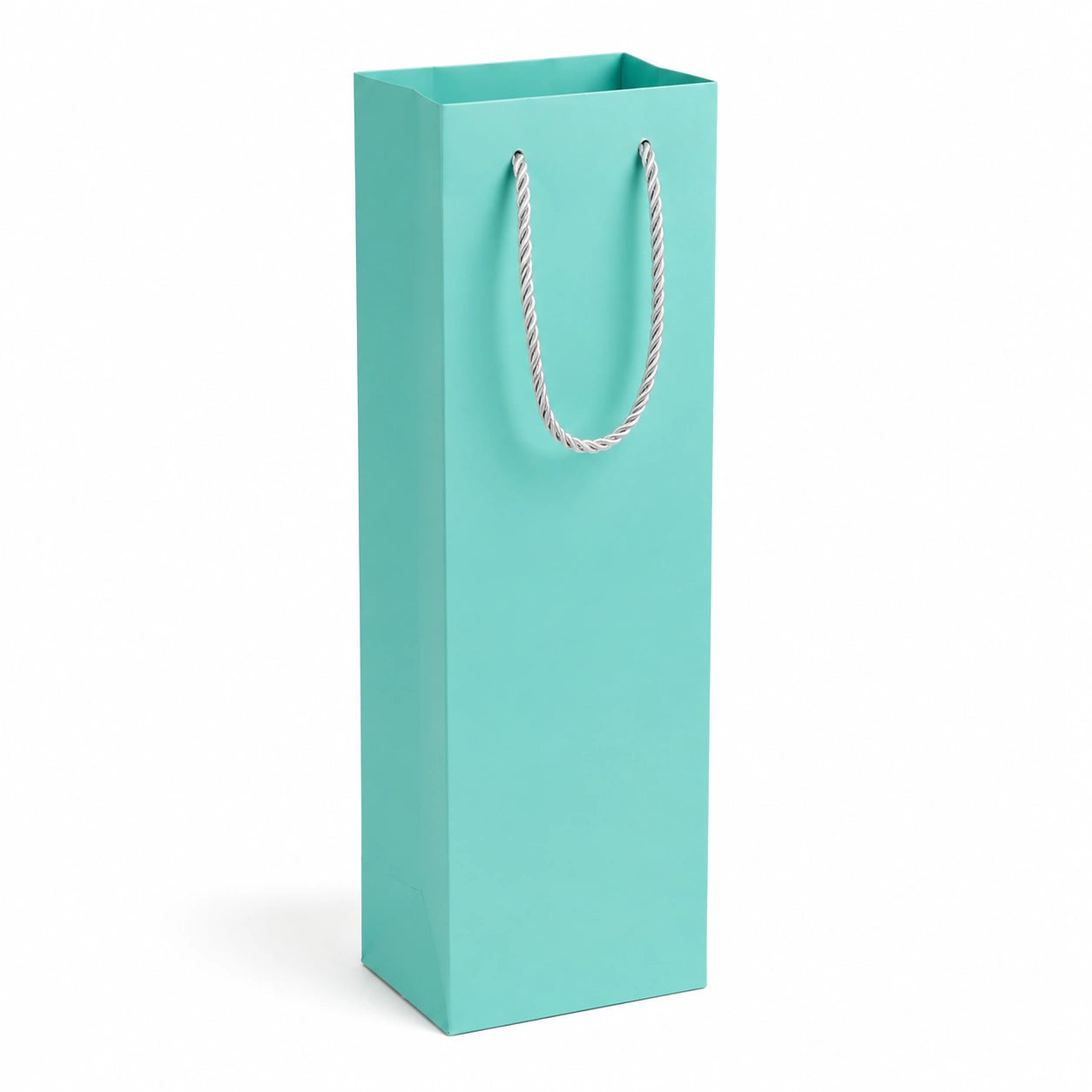Sac cadeau 12 x 10 x 36 cm en carton turquoise à poignées torsadées pour bouteille