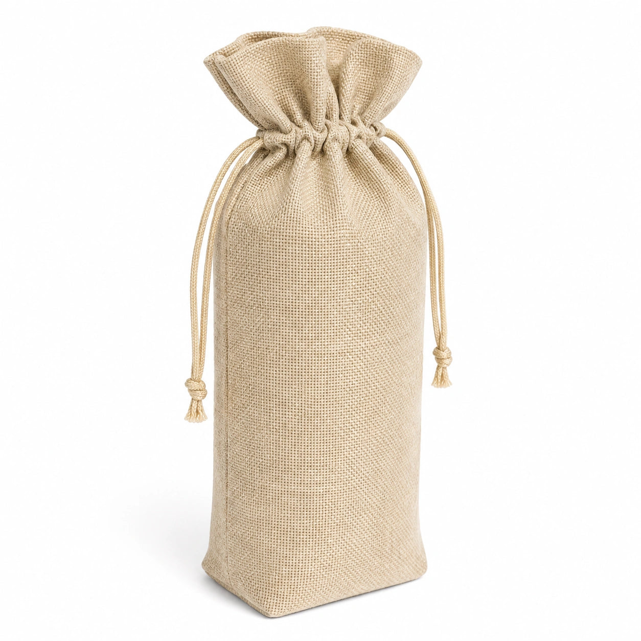 Sac à bouteille 15 x 10 x 35 cm en toile de jute beige à cordon style rustique