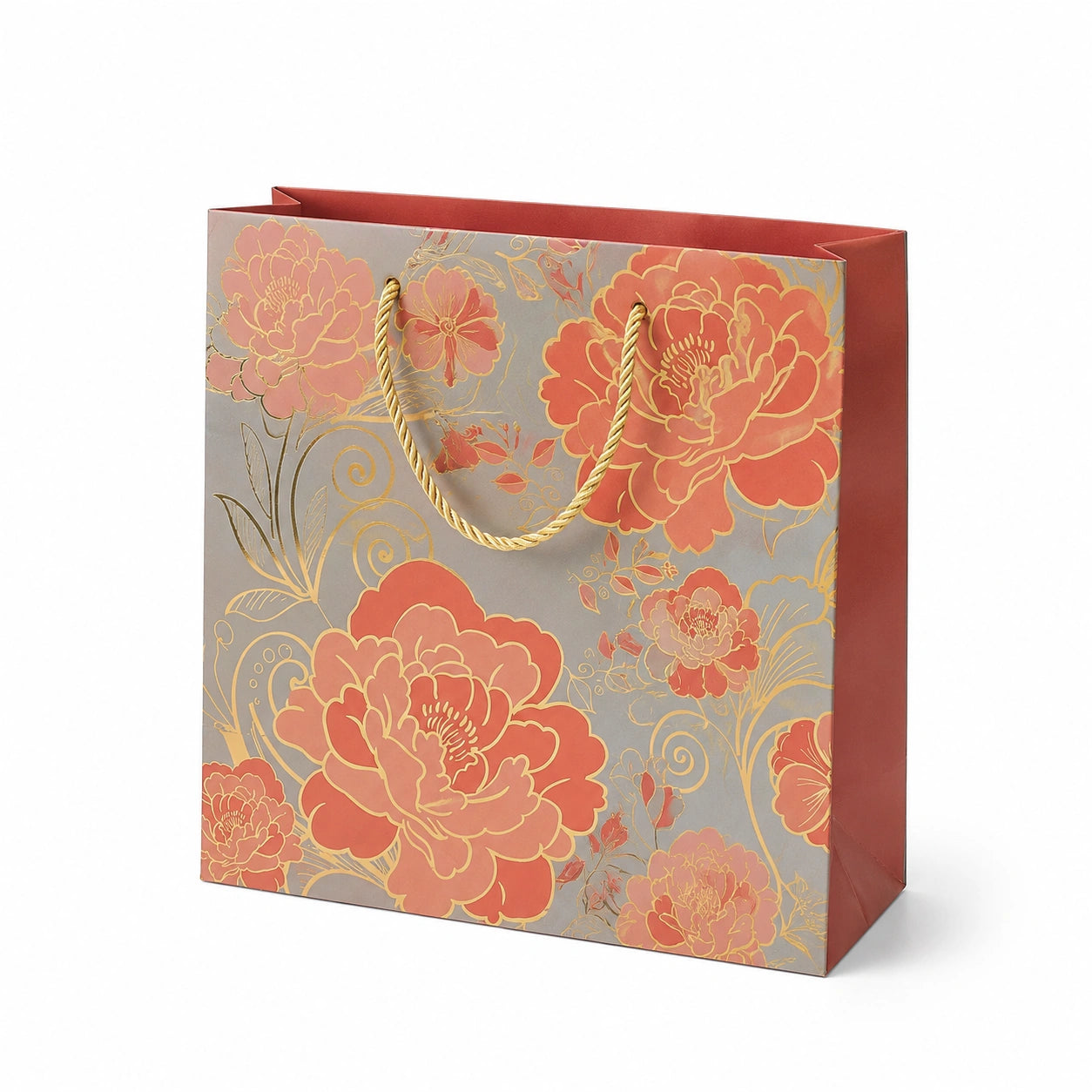 Sac cadeau 32 x 12 x 26 cm en papier gris corail à fleurs avec poignées torsadées