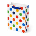 Sac cadeau 26 x 12 x 32 cm en papier blanc à pois multicolores avec anses textile