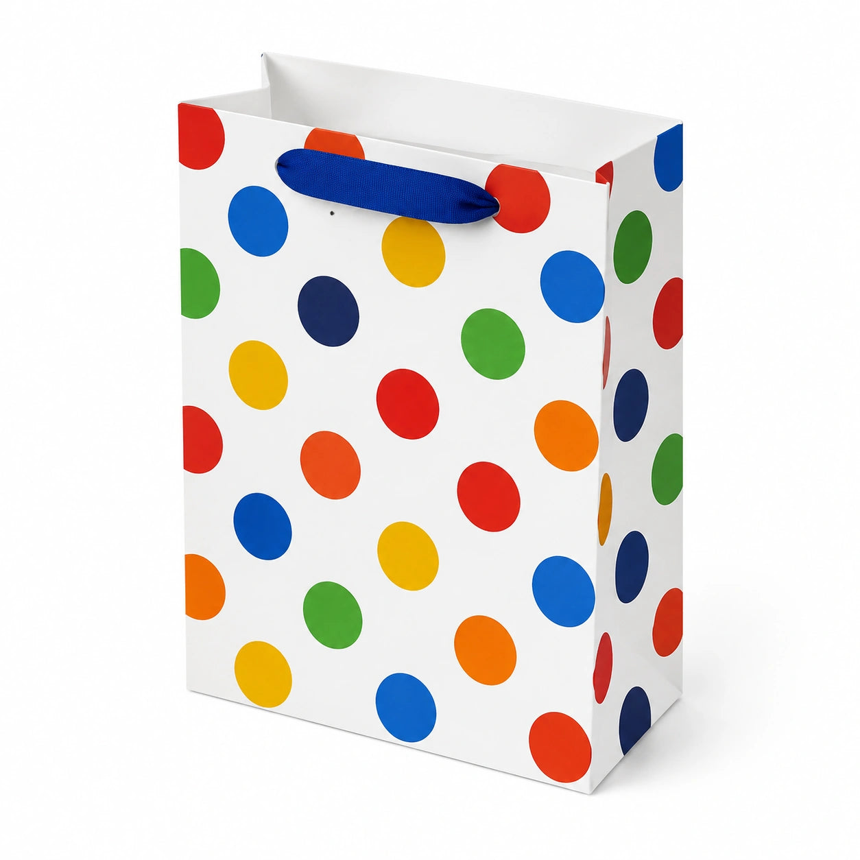 Sac cadeau 26 x 12 x 32 cm en papier blanc à pois multicolores avec anses textile