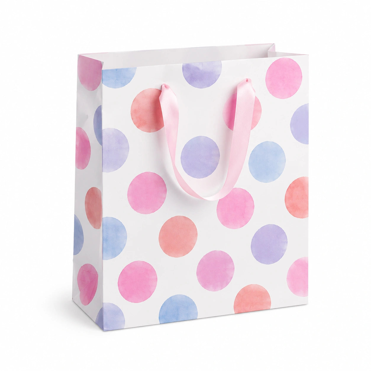 Sac cadeau 26 x 12 x 32 cm en papier blanc à pois pastel avec anses ruban
